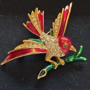 Vintage Sphinx England Red Gold Rhinestone Metallic Enamel Figural Bird Brooch